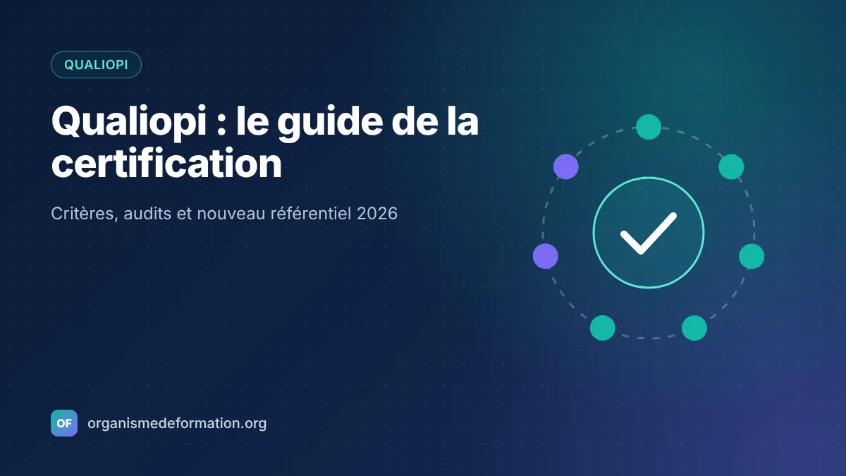 Illustration : sept points disposés en cercle autour d’une coche de validation, évoquant les sept critères Qualiopi