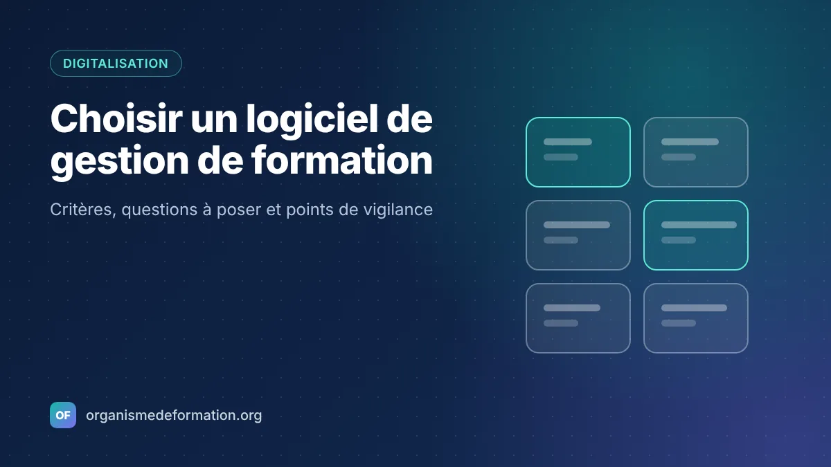 Illustration : tableau de bord composé de modules, représentant un logiciel de gestion de formation